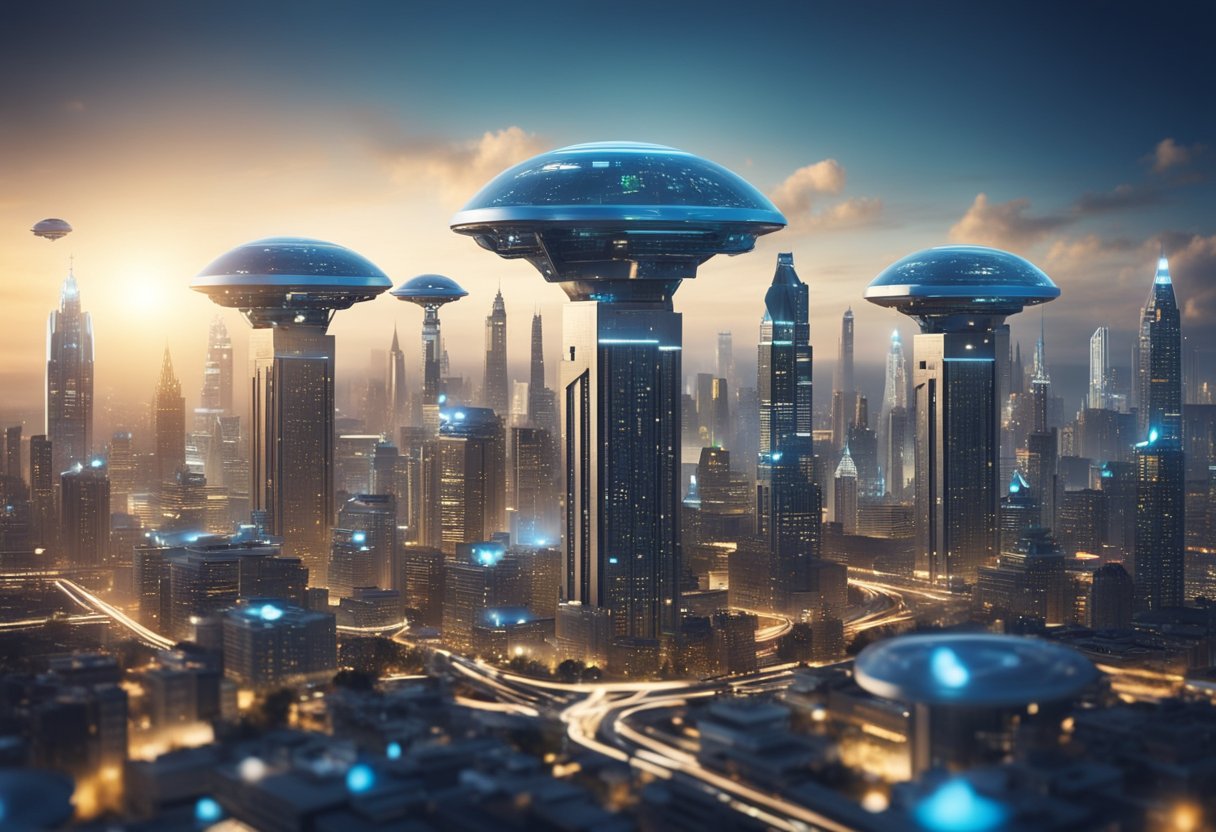 A futuristic city skyline with AI-powered robots optimizing search engines